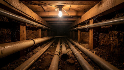 Crawl space under house with pipes and light, A dark and dusty crawl space with wooden beams and plumbing under a house, illuminated by a single light bulb