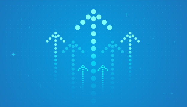 A Dynamic growth trend with an upward arrows on light blue background, and Dotted blue arrows rising upward, symbolizing steady financial growth and positive business