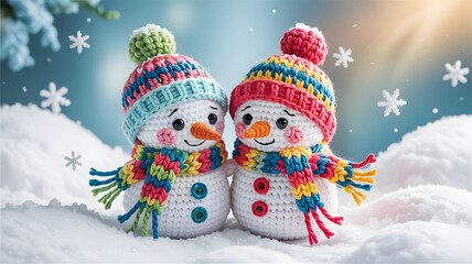 Two adorable handmade crocheted snowmen wearing colorful striped hats and scarves in snowy winter scene