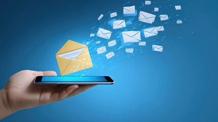 A hand holding a smartphone displays an incoming stream of email messages represented by flying envelopes against a blue background.