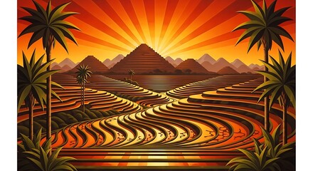 Egyptian Landscape with Pyramids, Terraces, and Palm Trees at Sunset.