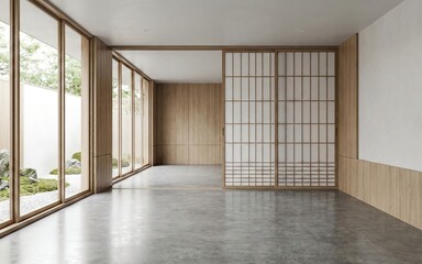 empty room with wooden floor, japandi interior. AI