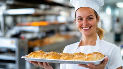 Delightful chef presents fresh bread from the bakery's warm ovens