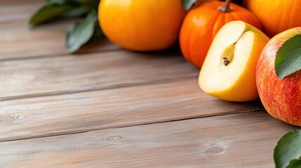 Harvest bounty of apples, pumpkins, and quinces on rustic wooden backdrop