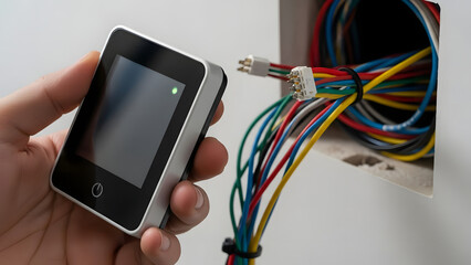 Installing a modern smart thermostat: Connecting wires and a sleek device for home automation,Wiring a smart home thermostat: A technician linking the new device in a wall box with colorful wires