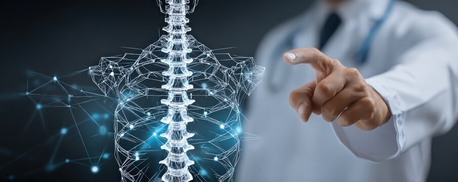 A healthcare professional interacts with a digital representation of a human spine, illustrating advancements in medical technology and anatomy visualization.