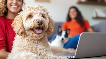 Happy young woman enjoys relaxing with pets while working in cozy living room