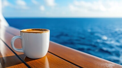 Sipping warm coffee while sailing above calm ocean waters at sunrise