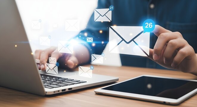 Hand holding email icon with notification badge, laptop and tablet on desk, digital communication concept