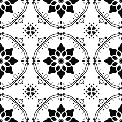 black and white tile pattern, floral symmetry, decorative grid, vintage motif, seamless design, elegant ornament, classic style, vector wallpaper, textile art