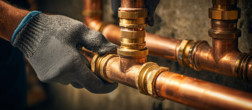 plumber connects copper pipes