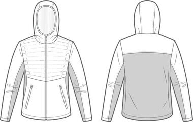 Technical flat drawing of men's performance jacket template with hood, horizontal quilting, zipper pockets, and raglan sleeves, apparel CAD vector