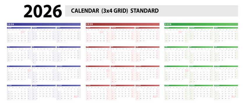 Colorful 2026 calendar template standard 3x4 grid for planning and organization