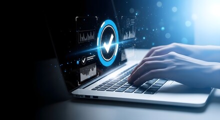 Hands typing on laptop with digital interface showing checkmark and analytics, representing data validation and success