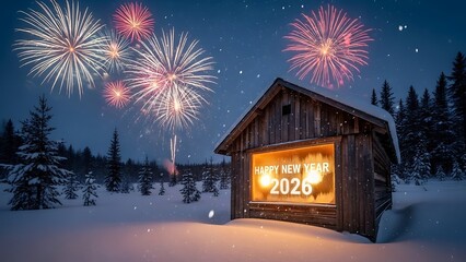 happy new year, new year's eve, silvester, new year, celebration greeting card, new year card - Year 2026 in sparkler font and firework fireworks pyrotechnic, isolated on black night sky background