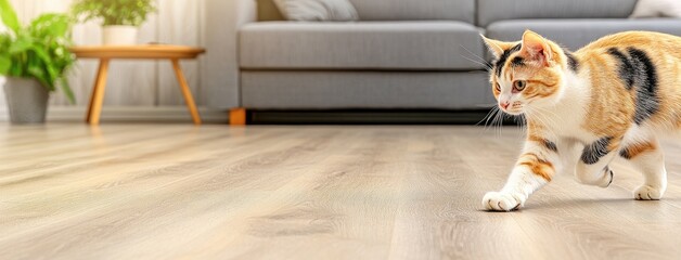 A playful calico cat explores the sunlit floor, showcasing graceful movements and charming curiosity in a cozy interior setting