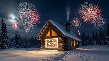 happy new year, new year's eve, silvester, new year, celebration greeting card, new year card - Year 2026 in sparkler font and firework fireworks pyrotechnic, isolated on black night sky background