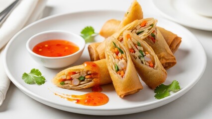 Golden fried Asian spring rolls filled with fresh vegetables, served as a delicious appetizer with sweet chili sauce on a white plate