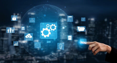 A concept of business operations and enterprise system integration. The components of a company including security, data, and cloud infrastructure. Motif