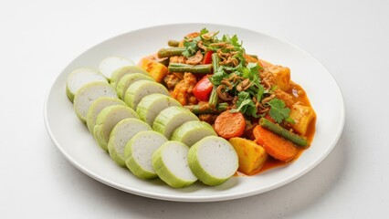 A plate of authentic Lontong Sayur, a flavorful Southeast Asian meal featuring sliced rice cakes and a rich vegetable coconut curry