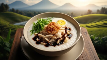 A savory bowl of traditional Indonesian chicken porridge, or bubur ayam, served against a breathtaking backdrop of terraced rice paddies and mountains
