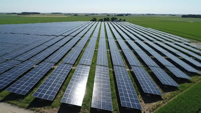 Close up view of a large solar panel array reflecting the sky and surrounding environment clearly