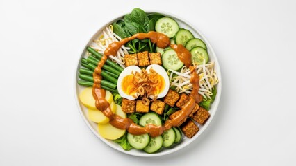 Delicious Gado-gado, a traditional Indonesian vegetable salad with peanut sauce, boiled potatoes, fried tofu, tempeh, and a hard boiled egg
