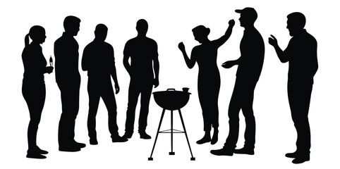 A man grilling meat standing on the side of the road vector.Backyard barbecue party with friends enjoying summer grilling and good company in silhouette for lifestyle brand