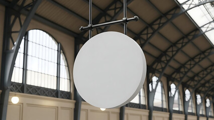 Fototapeta premium A round white sign hangs in a train station with arched windows.