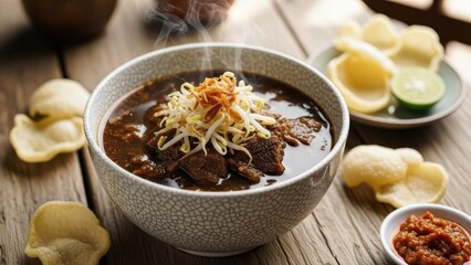 A steaming bowl of traditional Indonesian Rawon beef soup with bean sprouts, crackers, and chili paste on a rustic wooden table
