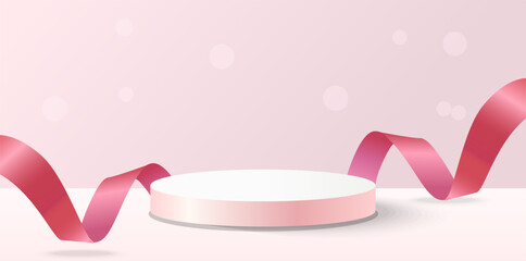 3d cylindric podium with flowing pink ribbon Vector illustration