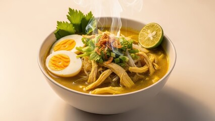A delicious steaming bowl of Soto Ayam, a traditional Indonesian yellow chicken soup with boiled egg, celery, and lime