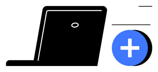 Laptop with a blue add icon online growth. This concept relates to technology, digital advancements, online management, and increasing functionality. For technology startups, education platforms