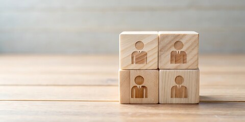 Four Wooden Blocks Stacked Depicting Human Figures Symbolizing Teamwork and Business Structure Standing on a Wooden Surface Against a Blurred Wooden Wall Background