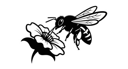 Bee approaching flower in monochrome illustration on white background © Yoamn