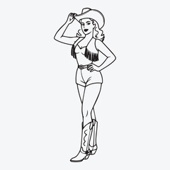Black and White Outline of Female Cowboy in Pin-up Style Posing