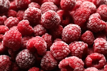 Frozen ripe raspberries as background, closeup view
