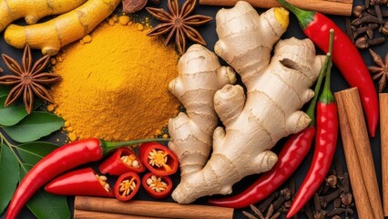 A vibrant arrangement of fresh and dried aromatic spices like ginger, turmeric, chili, and cinnamon for flavorful cooking