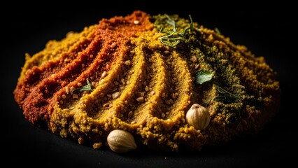 Vibrant artistic arrangement of assorted ground spices and herbs, creating a colorful and aromatic culinary landscape on a black background