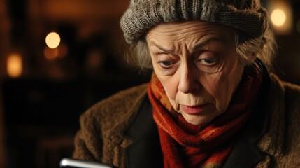Elderly woman reading bad news on phone - Image title.