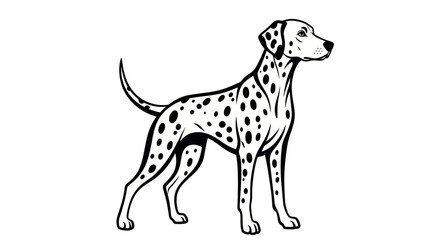 Black and white illustration of a dalmatian dog standing with spots