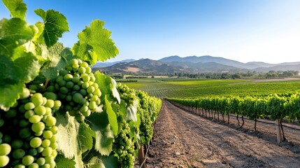 Fototapeta premium Rows of lush grapevines stretch towards distant mountains under a clear sky