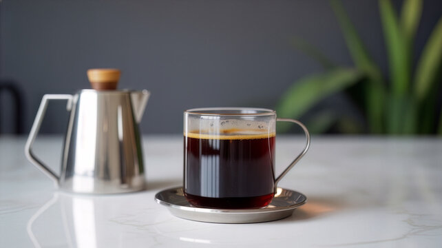 Black coffee in clear glass with metal kettle behind. Modern manual brewing scene with dark coffee tones. Fresh pour coffee served with stylish steel kettle