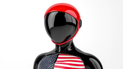 A heroic red and black robot stands tall with an American flag on its chest, captured with cinematic flair and detailed craftsmanship