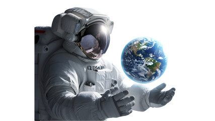 Astronaut holding earth globe isolated on transparent background © Poli