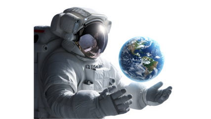 Astronaut holding earth globe isolated on transparent background