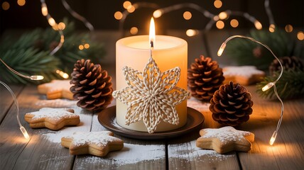 Warm glowing christmas candle surrounded by pine cones and star shaped cookies dusted with powdered sugar