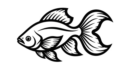 Black and white illustration of a goldfish with flowing fins on white background