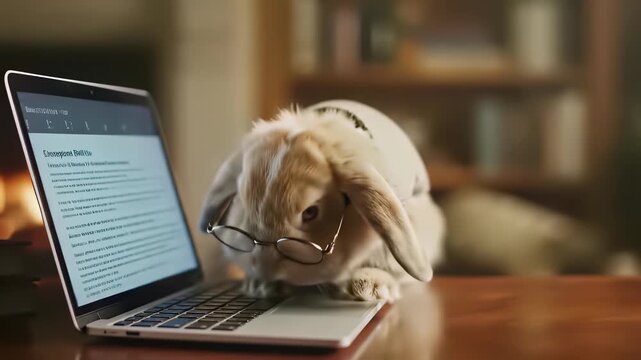 A dapper rabbit with glasses and sweater sitting on desk surrounded by laptop glow, showcasing idea of smart thinking where unexpected creatures can be eggheads, presenting concept of innovative.