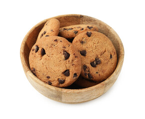 Delicious chocolate chip cookies in bowl isolated on white